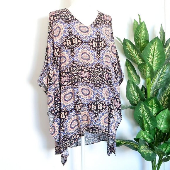 ASTR Blue Black Print Cold Shoulder Handkerchief Shift Mini Dress Tunic Coverup - Picture 6 of 13